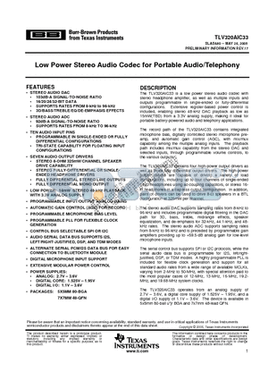 TLV320AIC33IZQE datasheet - Low Power Stereo Audio Codec for Portable Audio/Telephony