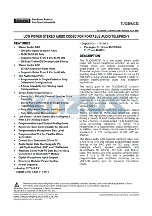 TLV320AIC33 datasheet - LOW POWER STEREO AUDIO CODEC FOR PORTABLE AUDIO/TELEPHONY