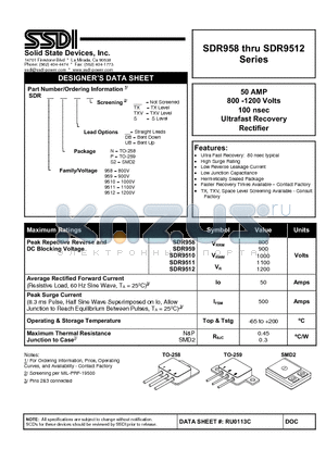 SDR958NDBTXV datasheet - 50 AMP 800 -1200 Volts 100 nsec Ultrafast Recovery Rectifier