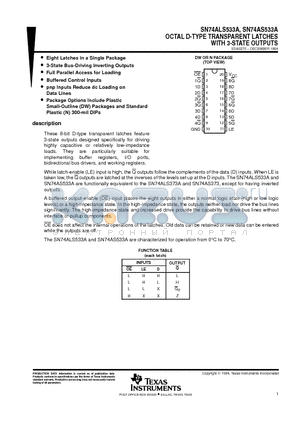 SN74ALS533ADWR datasheet - OCTAL D-TYPE TRANSPARENT LATCHES WITH 3-STATE OUTPUTS