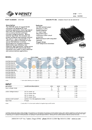 VHK75W-Q24-S15 datasheet - chassis mount dc-dc converter