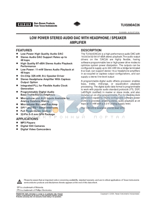 TLV320DAC26IRHBG4 datasheet - LOW POWER STEREO AUDIO DAC WITH HEADPHONE/SPEAKER AMPLIFIER