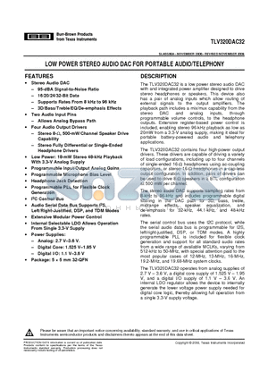 TLV320DAC32 datasheet - LOW POWER STEREO AUDIO DAC FOR PORTABLE AUDIO/TELEPHONY