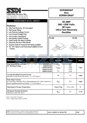 SDR9910P datasheet - 50 AMP 800 -1200 Volts 80 nsec Ultra Fast Recovery Rectifier