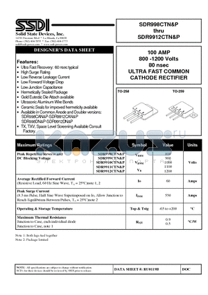 SDR9911CTN datasheet - 100 AMP 800 -1200 Volts 80 nsec ULTRA FAST COMMON CATHODE RECTIFIER