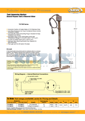 TAT40013 datasheet - Tank Immersion Heaters General Purpose Tank or Reservoir Water