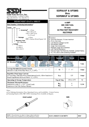 SDR9JUFTX datasheet - 9 AMP 800-1000 Volts 70 nsec ULTRA FAST RECOVERY RECTIFIER