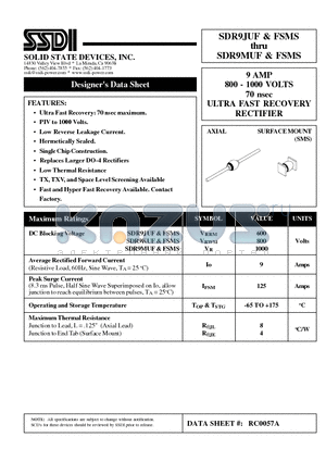 SDR9MUF datasheet - 9 AMP 800 - 1000 VOLTS 70 nsec ULTRA FAST RECOVERY RECTIFIER