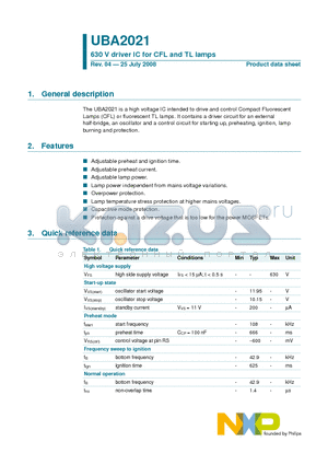 UBA2021P datasheet - 630 V driver IC for CFL and TL lamps