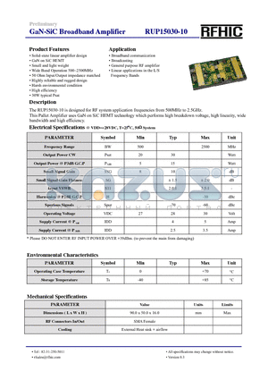 RUP15030-10 datasheet - GaN-SiC Broadband Amplifier
