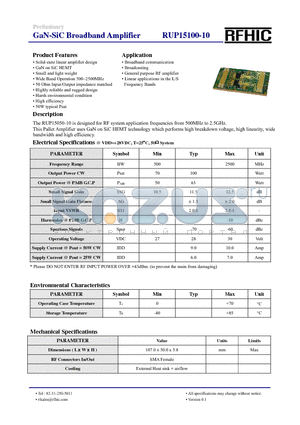 RUP15100-10 datasheet - GaN-SiC Broadband Amplifier