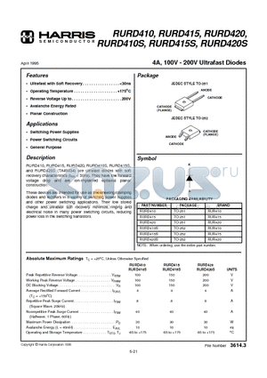 RURD410 datasheet - 4A, 100V - 200V Ultrafast Diodes