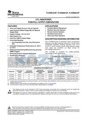 TLV3492AMDREP datasheet - 1.8 V, NANOPOWER, PUSH/PULL OUTPUT COMPARATORS