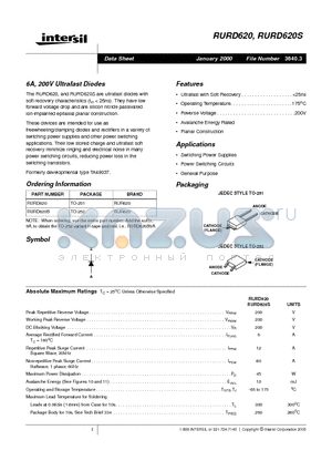 RURD620S datasheet - 6A, 200V Ultrafast Diodes