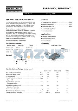 RURG1560 datasheet - 15A, 400V - 600V Ultrafast Dual Diodes