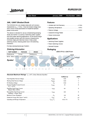 RURG30120 datasheet - 30A, 1200V Ultrafast Diode