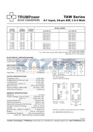 TAW-3D4812 datasheet - DC/DC CONVERTERS 4:1 Input, 24-pin DIP, 1.5-3 Watt