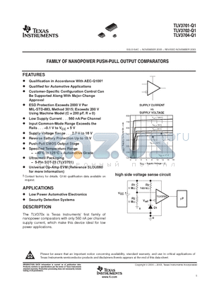 TLV3701-Q1 datasheet - FAMILY OF NANNOPOWER PUSH=PULL OUTPUT COMPARATORS