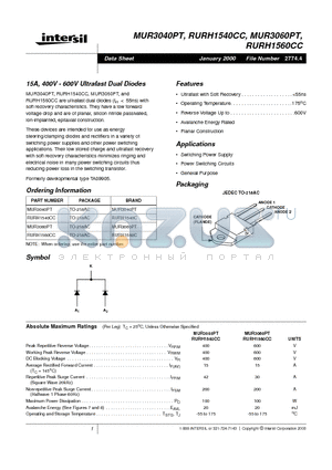 RURH1550C datasheet - 15A, 400V - 600V Ultrafast Dual Diodes