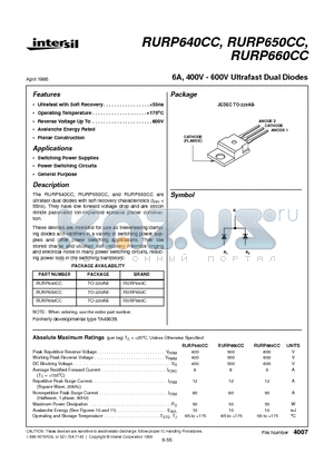 RURP660CC datasheet - 6A, 400V - 600V Ultrafast Dual Diodes