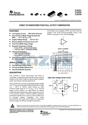 TLV3704IN datasheet - FAMILY OF NANOPOWER PUSH-PULL OUTPUT COMPARATORS