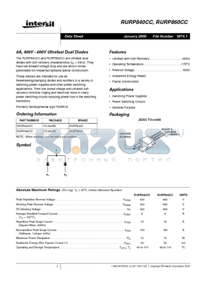 RURP840CC datasheet - 8A, 400V - 600V Ultrafast Dual Diodes