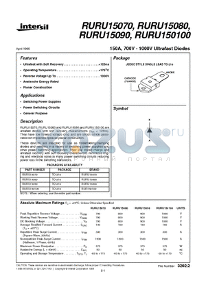 RURU150100 datasheet - 150A, 700V - 1000V Ultrafast Diodes