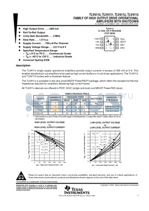 TLV4111 datasheet - FAMILY OF HIGH OUTPUT DRIVE OPERATIONAL AMPLIFIERS WITH SHUTDOWN