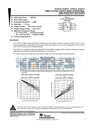 TLV4112ID datasheet - FAMILY OF HIGH OUTPUT DRIVE OPERATIONAL AMPLIFIERS WITH SHUTDOWN