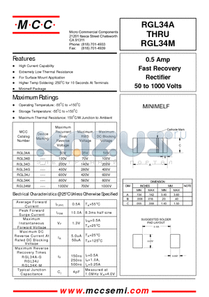 RGL34G datasheet - 0.5 Amp Fast Recovery Rectifier 50 to 1000 Volts