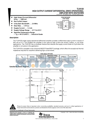 TLV4120 datasheet - HIGH OUTPUT CURRENT DIFFERENTIAL DRIVE OPERATIONAL AMPLIFIER WITH SHUTDOWN