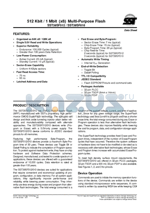 SST39SF010-70-4I-NH datasheet - 512 Kbit / 1 Mbit (x8) Multi-Purpose Flash