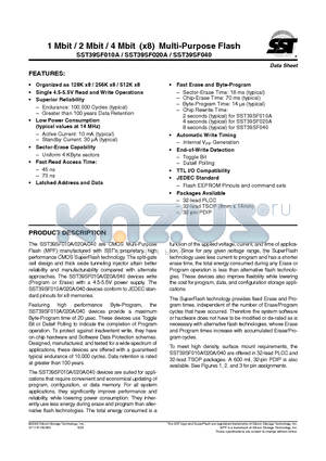 SST39SF010A-70-4C-PHE datasheet - 1 Mbit / 2 Mbit / 4 Mbit (x8) Multi-Purpose Flash