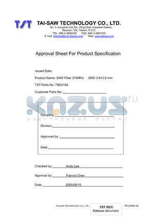 TB0316A datasheet - SAW Filter 374MHz SMD 3.83.8 mm