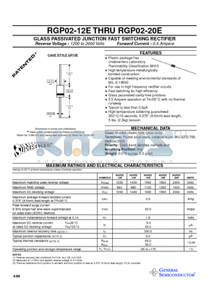 RGP02-18E datasheet - GLASS PASSIVATED JUNCTION FAST SWITCHING RECTIFIER