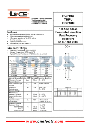 RGP10D datasheet - 1.0Amp glass passivated junction fast recovery rectifiers 50 to 1000 volts