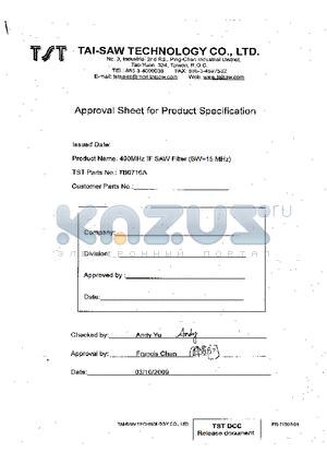 TB0716A datasheet - SAW Filter 490MHz (TO39)