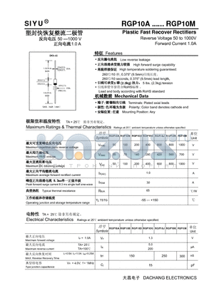 RGP10M datasheet - Plastic Fast Recover Rectifiers Reverse Voltage 50 to 1000V Forward Current 1.0A