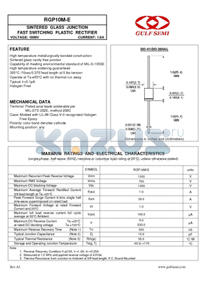 RGP10M-E datasheet - SINTERED GLASS JUNCTION FAST SWITCHING PLASTIC RECTIFIER VOLTAGE: 1000V CURRENT: 1.0A