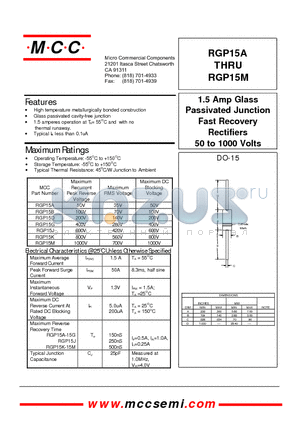 RGP15G datasheet - 1.5 Amp Glass Passivated Junction Fast Recovery Rectifiers 50 to 1000 Volts
