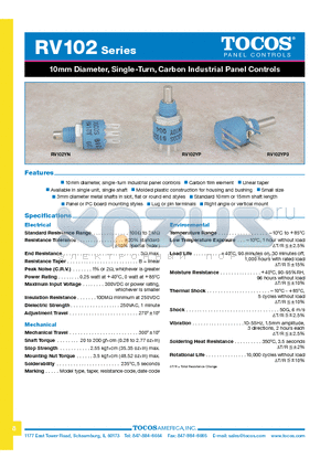 RV102YN10FB103M datasheet - 10mm Diameter, Single-Turn, Carbon Industrial Panel Controls