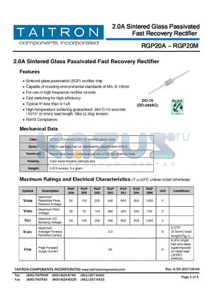 RGP20A datasheet - 2.0A Sintered Glass Passivated Fast Recovery Rectifier