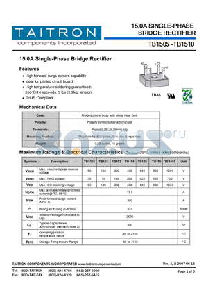 TB1505 datasheet - 15.0A Single-Phase Bridge Rectifier