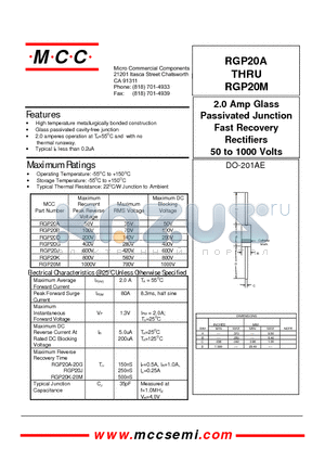 RGP20B datasheet - 2.0 Amp Glass Passivated Junction Fast Recovery Rectifiers 50 to 1000 Volts