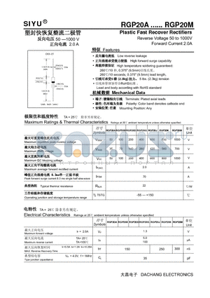 RGP20B datasheet - Plastic Fast Recover Rectifiers Reverse Voltage 50 to 1000V Forward Current 2.0A