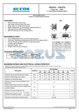 TB153S datasheet - Voltage 50V ~ 1000V 1.5 Amp Silicon Bridge Rectifiers