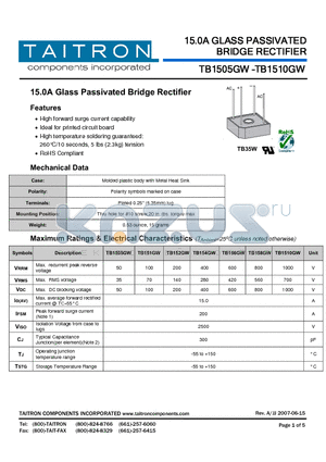 TB156GW datasheet - 15.0A Glass Passivated Bridge Rectifier