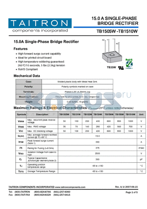 TB156W datasheet - 15.0 A SINGLE-PHASE BRIDGE RECTIFIER