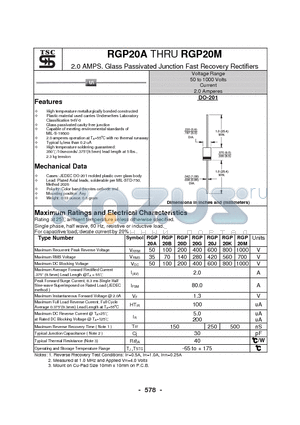 RGP20M datasheet - 2.0 AMPS. Glass Passivated Junction Fast Recovery Rectifiers