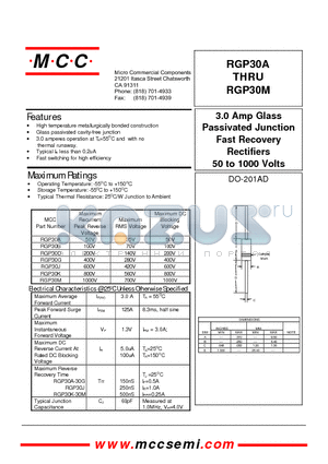RGP30B datasheet - 3.0 Amp Glass Passivated Junction Fast Recovery Rectifiers 50 to 1000 Volts
